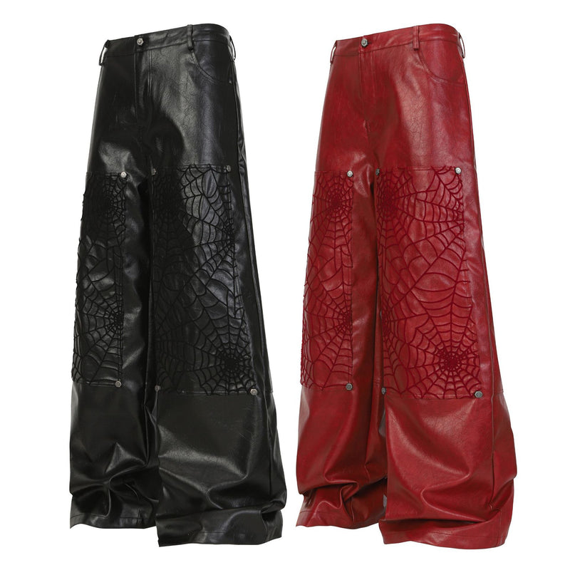 Wide-Leg Faux Leather Pants with Spiderweb Embossed Panels