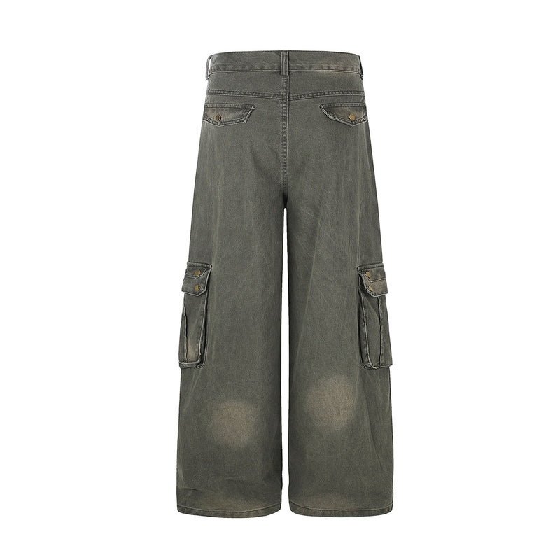 Wide-Leg Cargo Jeans – Washed Denim, Straight-Fit with Multi-Pocket Detail