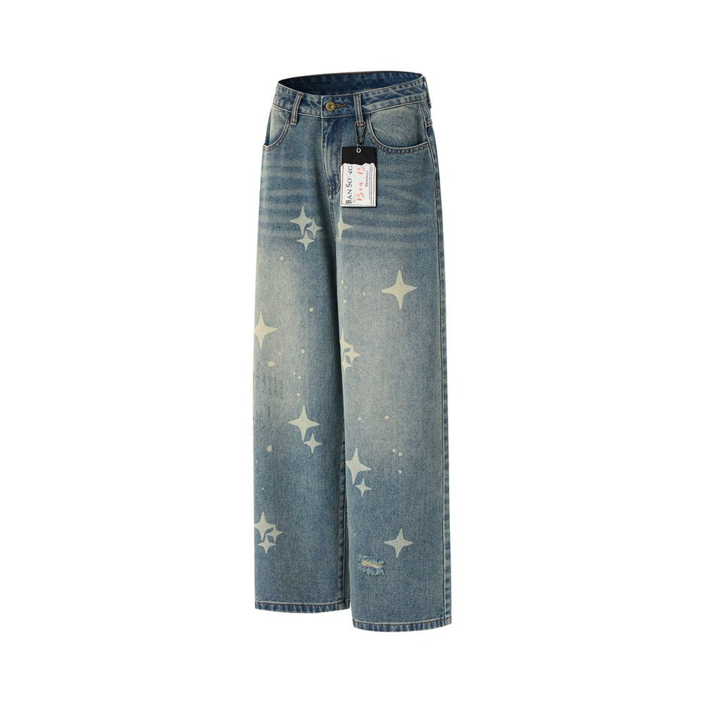 Jeans Star Print Baggy Wide-Leg Men – Washed Light Blue Straight Trousers