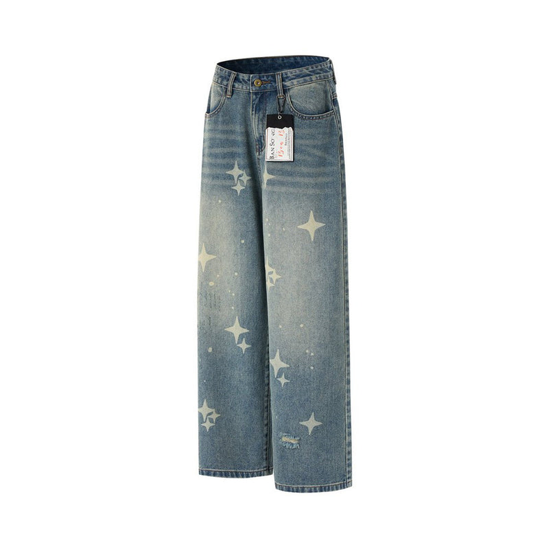 Jeans Star Print Baggy Wide-Leg Men – Washed Light Blue Straight Trousers