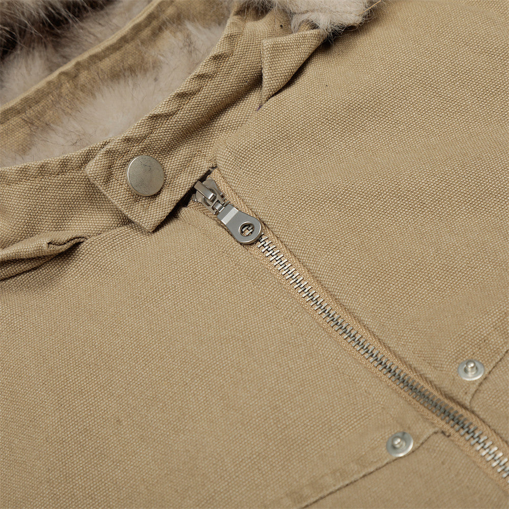 Faux Mink Fur-Trimmed Hooded Padded Jacket – Washed Canvas Bomber