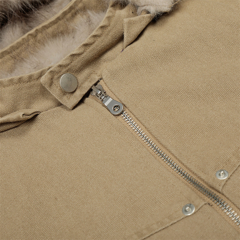 Faux Mink Fur-Trimmed Hooded Padded Jacket – Washed Canvas Bomber