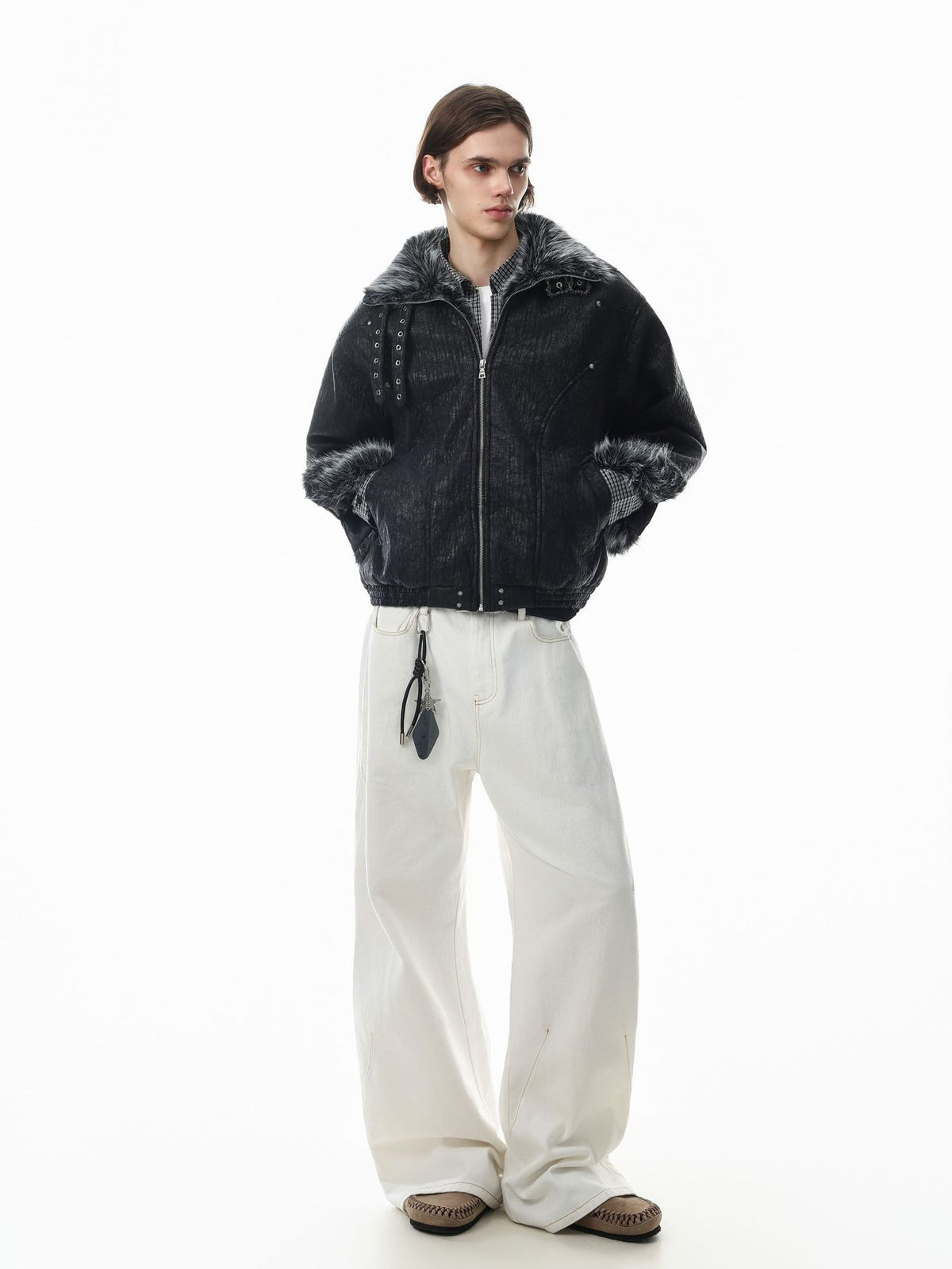 Faux Fur Trim Padded Bomber Jacket — Stand Collar with Buckle Detail