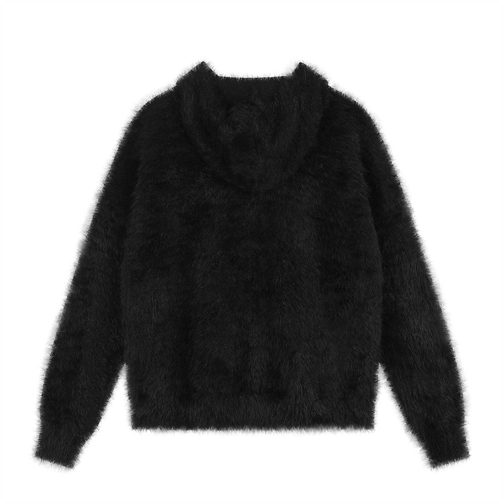 Fuzzy Knit Zip-Up Hoodie with Animal Patches – Streetwear Cardigan