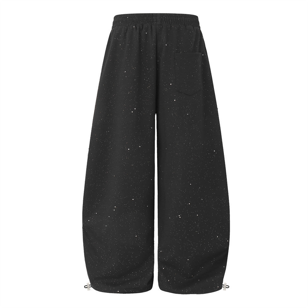 Men's Wide-Leg Sweatpants with Rhinestone Script & Glitter Fabric