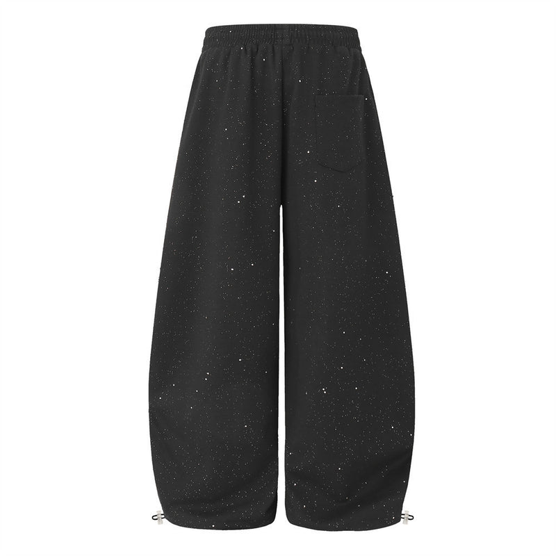 Men's Wide-Leg Sweatpants with Rhinestone Script & Glitter Fabric