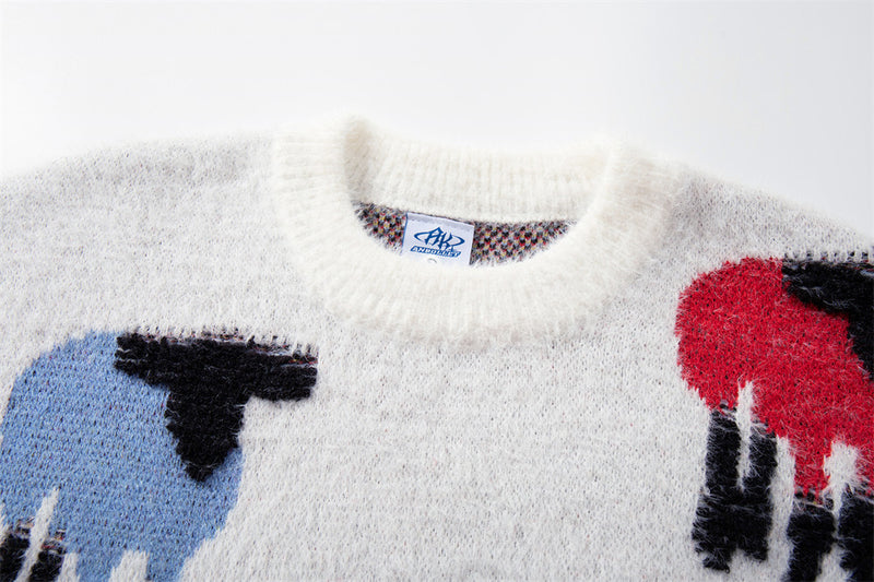 Jersey de cuello redondo para hombre con punto jacquard de ovejas coloridas y corte relajado