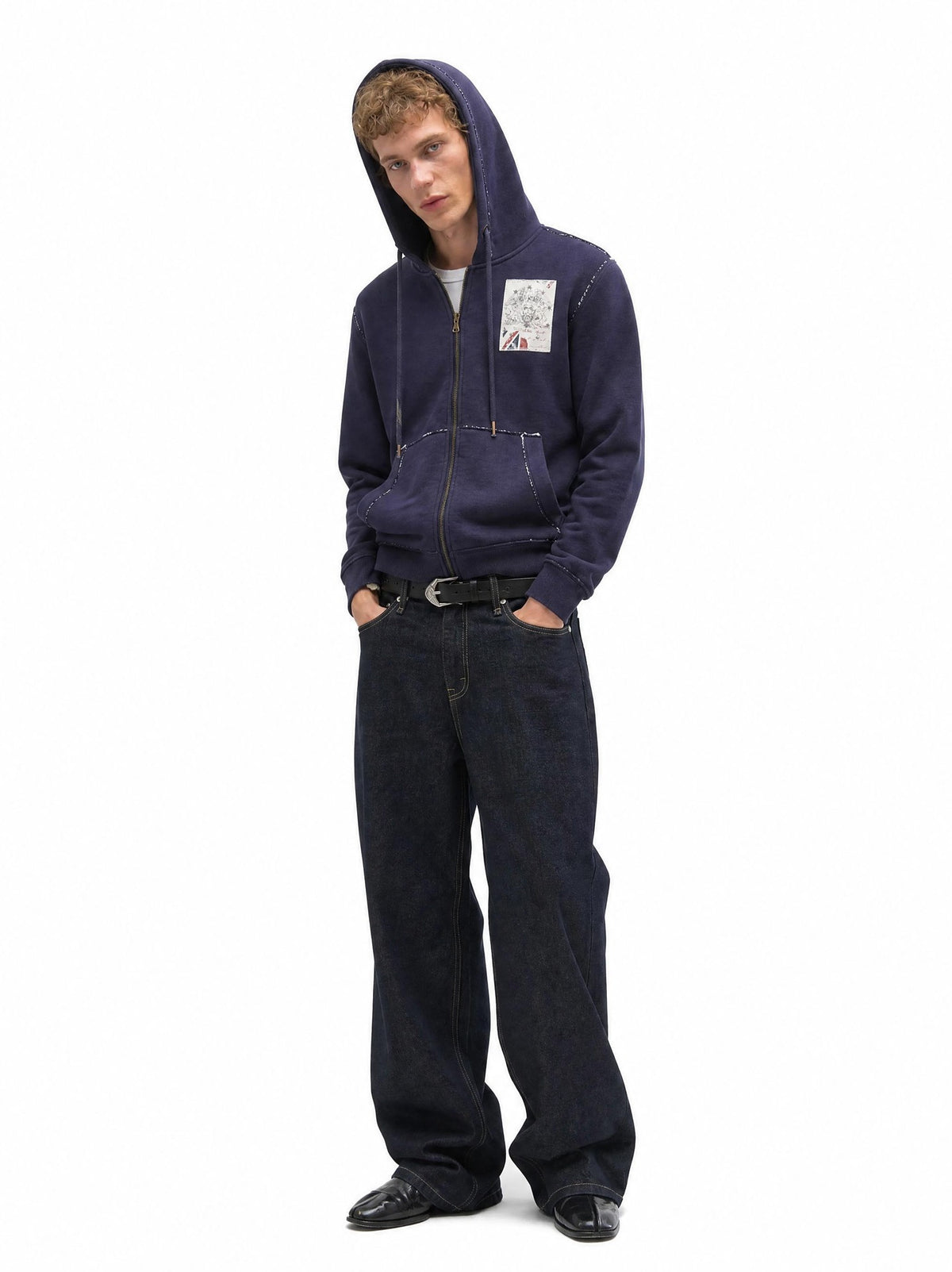 Union Jack Patch Zip-Up Hoodie – Washed & Distressed Raw-Edge Fleece