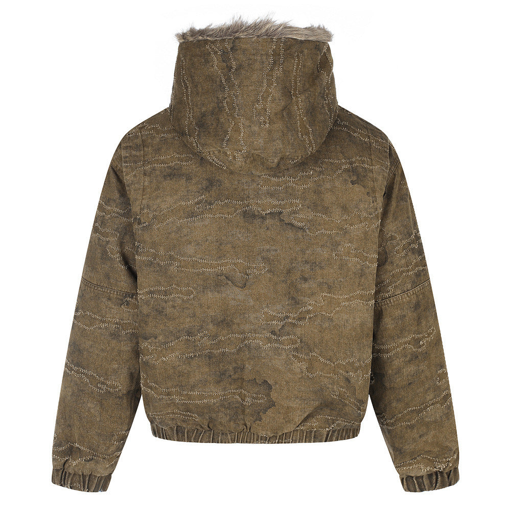 Gewaschene Denim-Pufferjacke mit Kapuze und Kunstfellbesatz – Used-Camo-Stitching