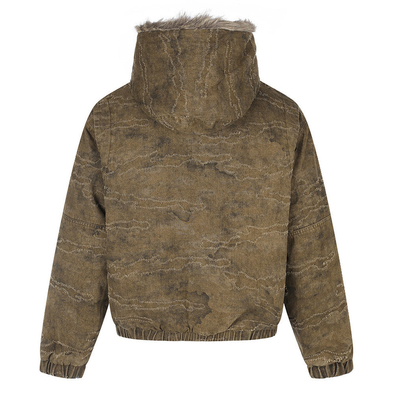 Gewaschene Denim-Pufferjacke mit Kapuze und Kunstfellbesatz – Used-Camo-Stitching