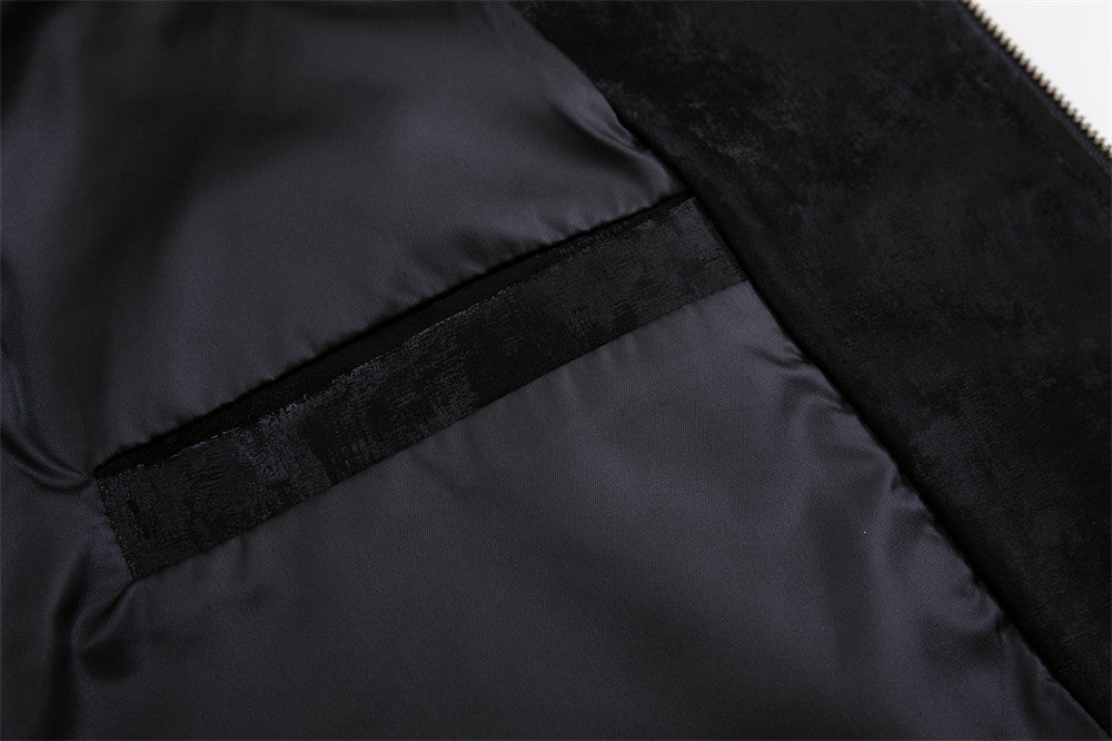 Men's Military Style Jacket – Black Velvet Double-Breasted Zip-Up with PU
