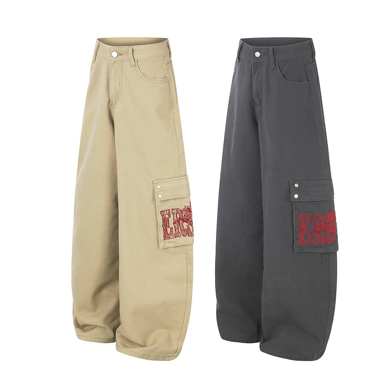 Baggy Cargo Pants Wide Leg Embroidered Letter Workwear Trousers