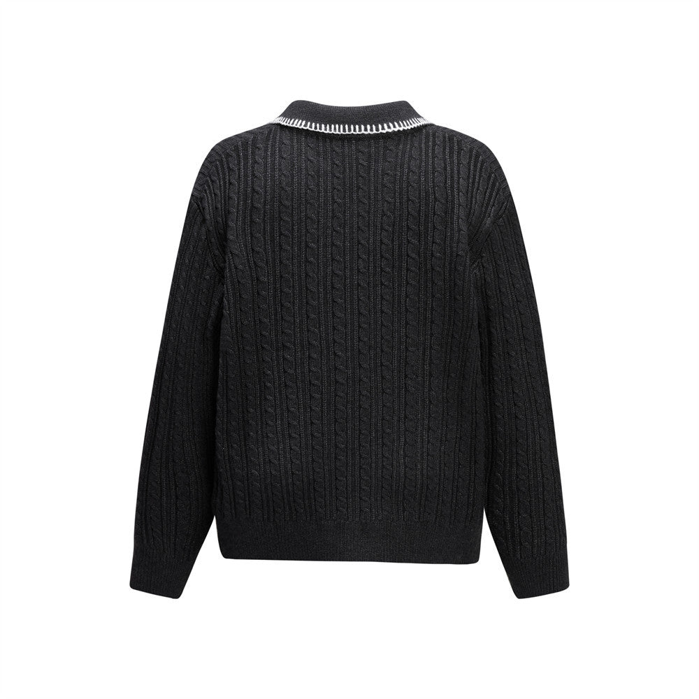Oversized V-Neck Sweater – Cable Knit Polo Collar Long Sleeve Pullover