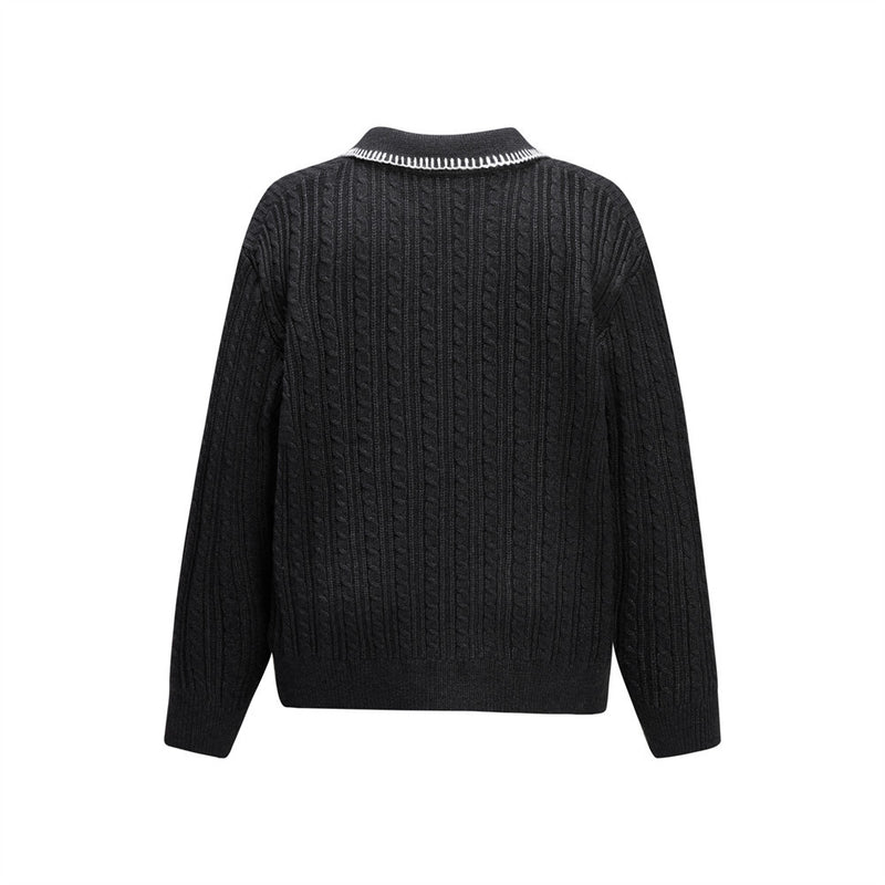 Oversized V-Neck Sweater – Cable Knit Polo Collar Long Sleeve Pullover