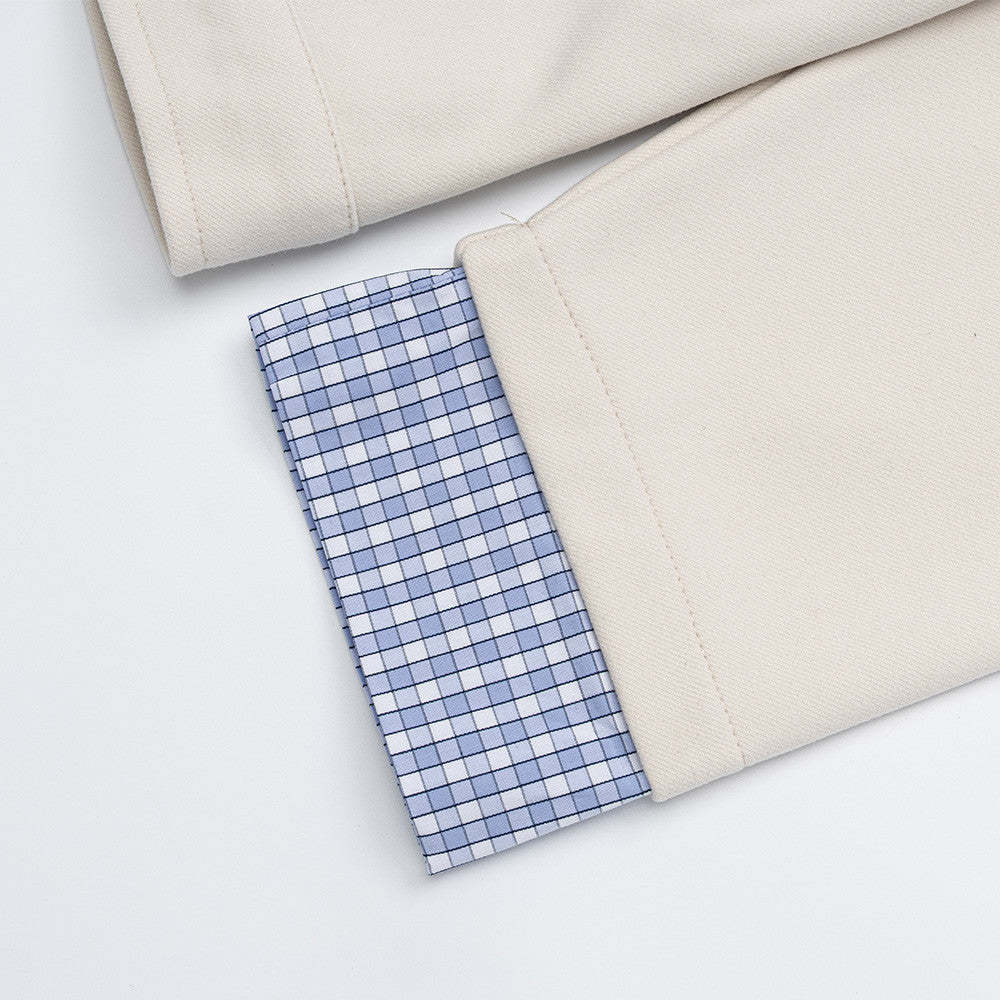 Stand Collar Button-Up Short Jacket with Plaid Cuff Detail — Men's Streetwear