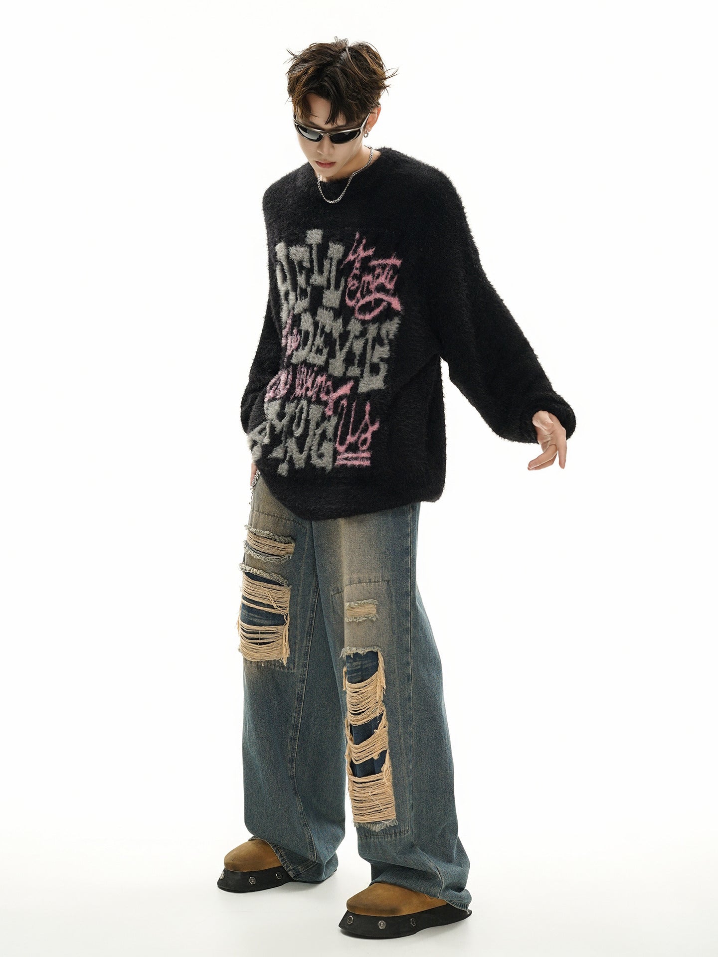 Pull oversize en maille jacquard à lettrage – Hell Is Empty, motif graffiti