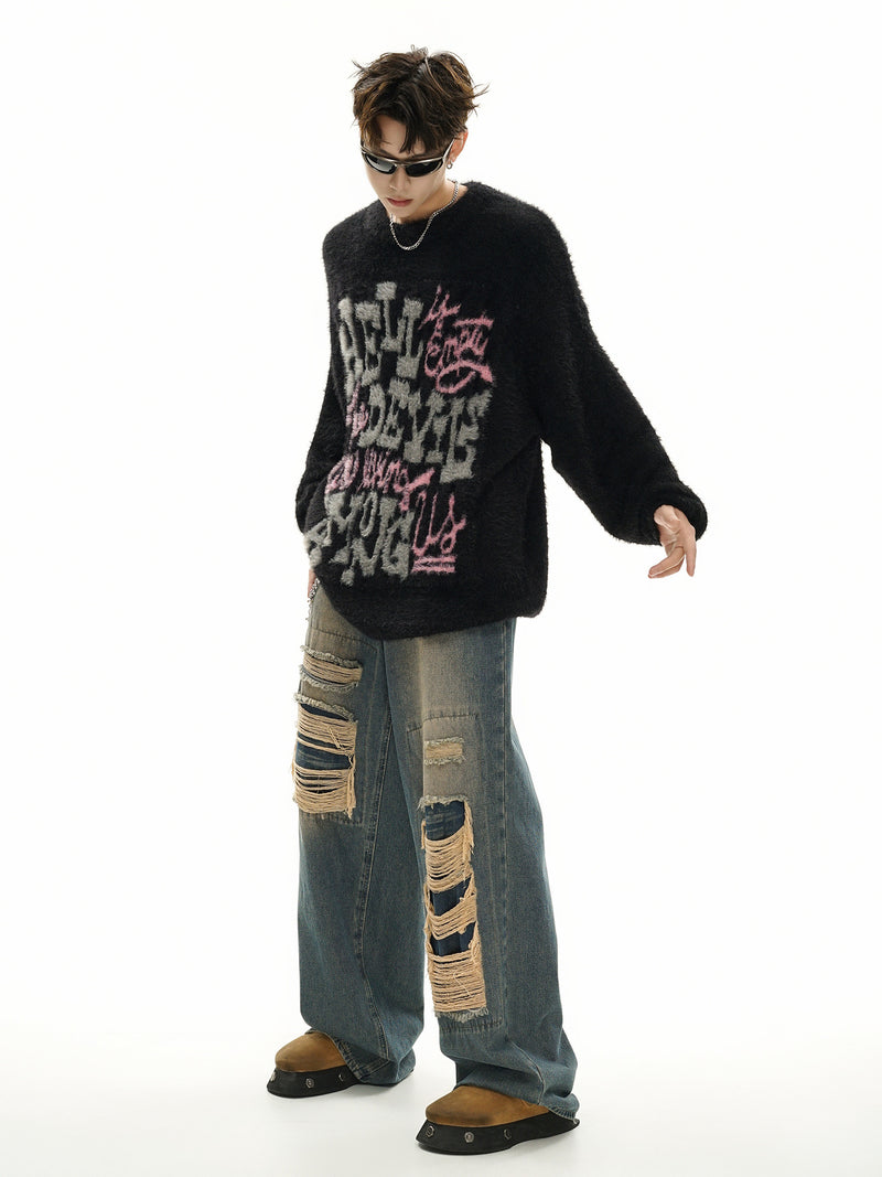 Pull oversize en maille jacquard à lettrage – Hell Is Empty, motif graffiti