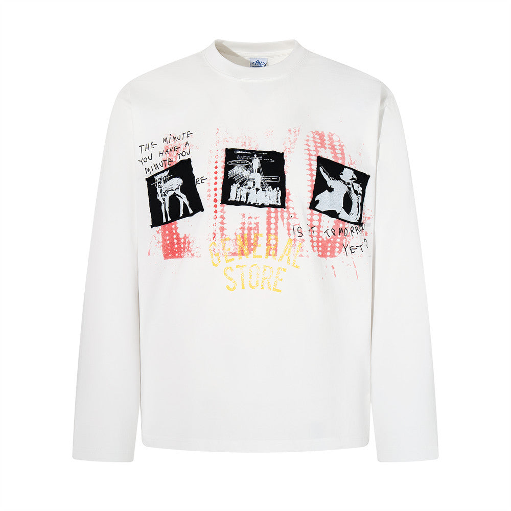 Men's relaxed-fit long sleeve graphic t-shirt with General Store collage print in off-white and acid-washed black