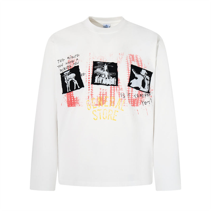 Men's relaxed-fit long sleeve graphic t-shirt with General Store collage print in off-white and acid-washed black