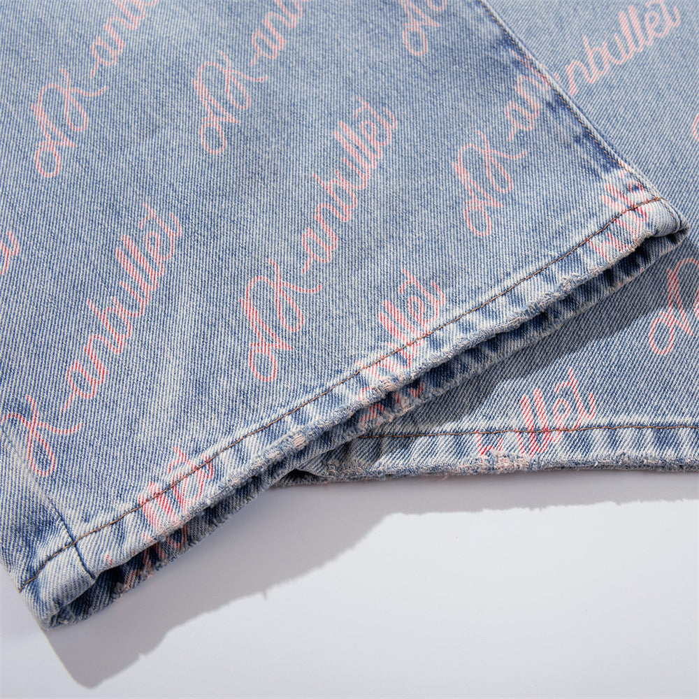 Wide-Leg Jeans with Allover Pink Script Print – Light Blue Washed Denim