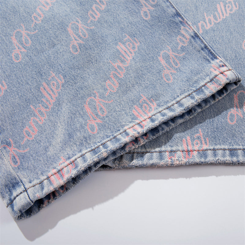 Wide-Leg Jeans with Allover Pink Script Print – Light Blue Washed Denim