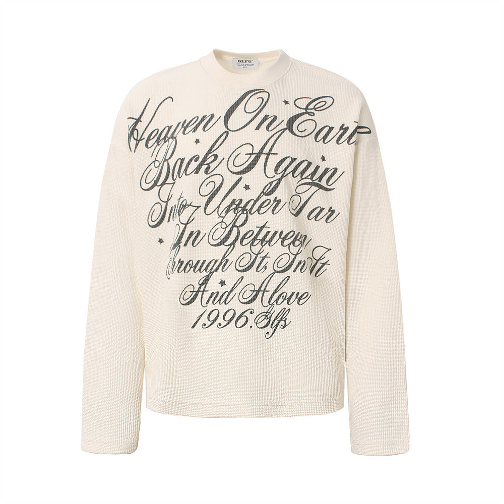 Gothic Script Print Long Sleeve Crewneck Tee – Oversized Waffle Knit Streetwear