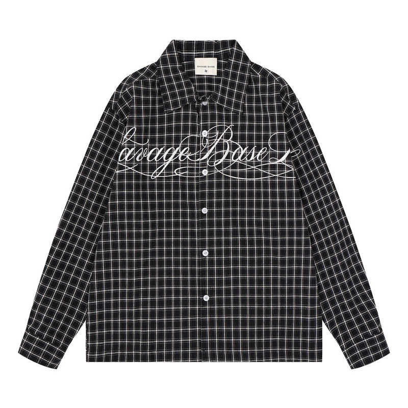 Plaid Long Sleeve Shirt – Savage Base Script Embroidery, Relaxed Fit