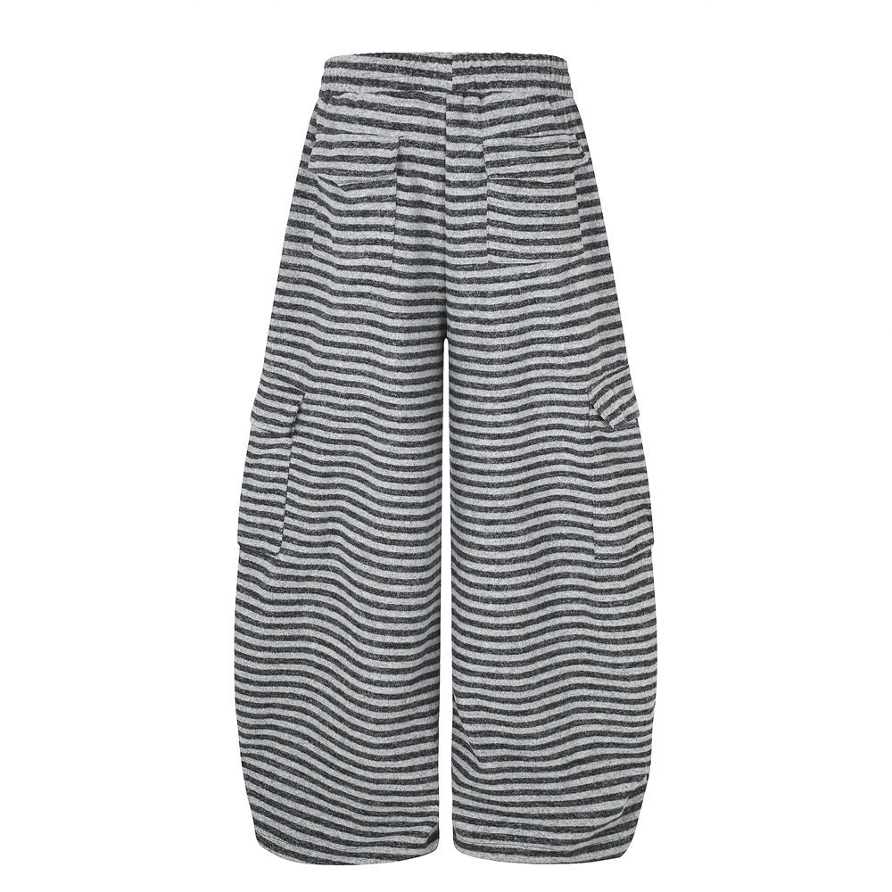 Wide-Leg Striped Cargo Pants with Union Jack Rhinestone Detail