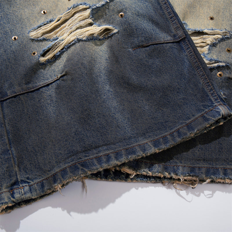 Ripped Wide-Leg Denim Shorts – Distressed Cargo Pocket Washed Jorts