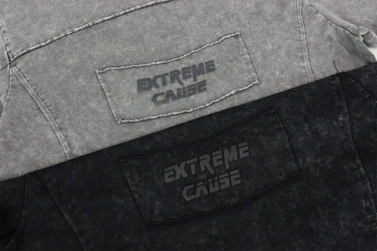 Pull homme gris à col rond – Délavé à l’acide, déstructuré, manches longues à bords bruts