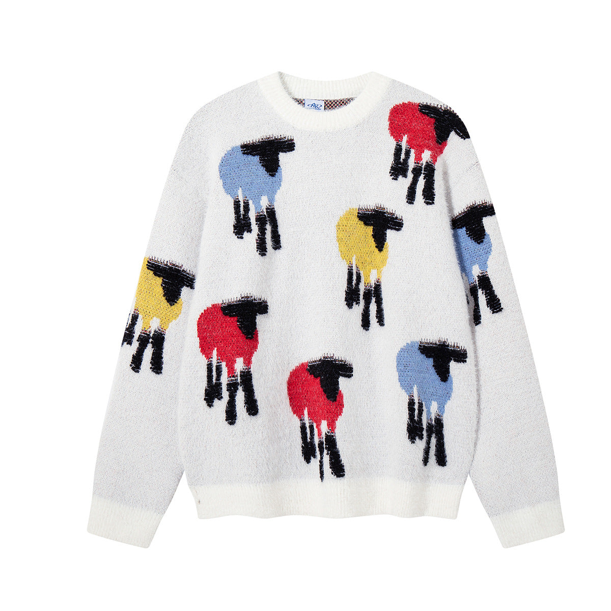 Colorful Sheep Jacquard Crew Neck Sweater – Relaxed Fit Knit