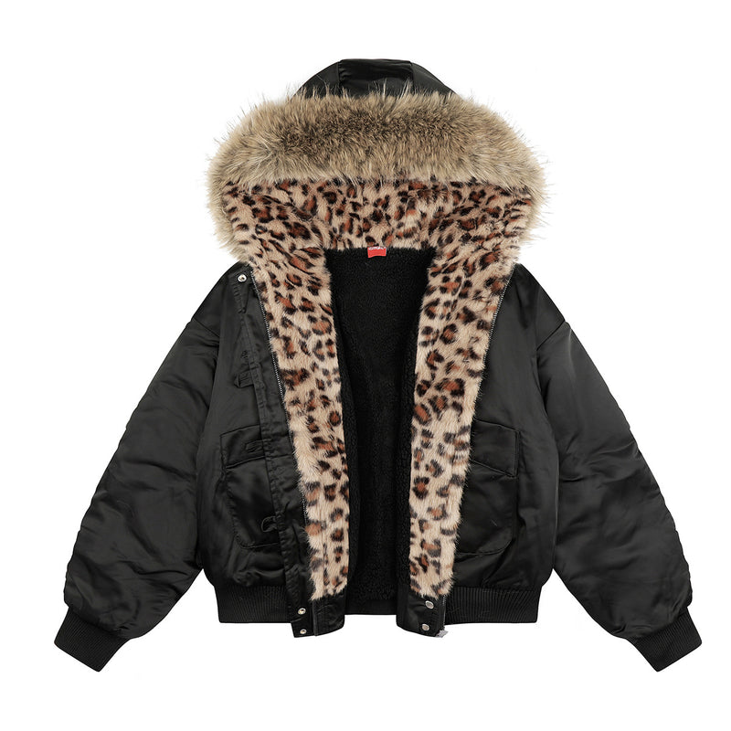 Leopard Print Fleece-Lined Bomber Jacket with Faux Fur Hood