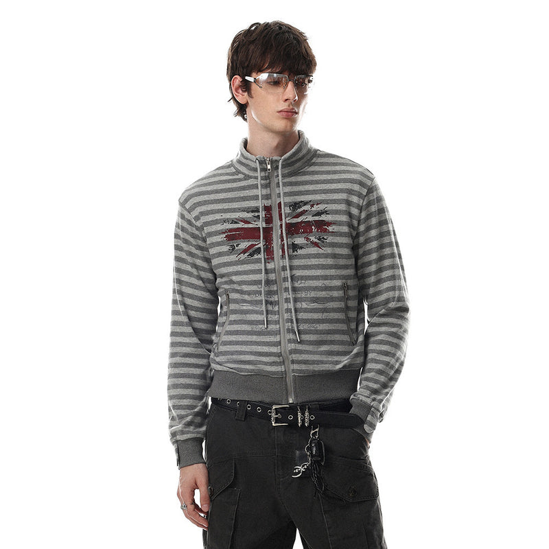 Gray Zip Up Jacket Striped Union Jack Stand Collar Unisex Sweatshirt Coat