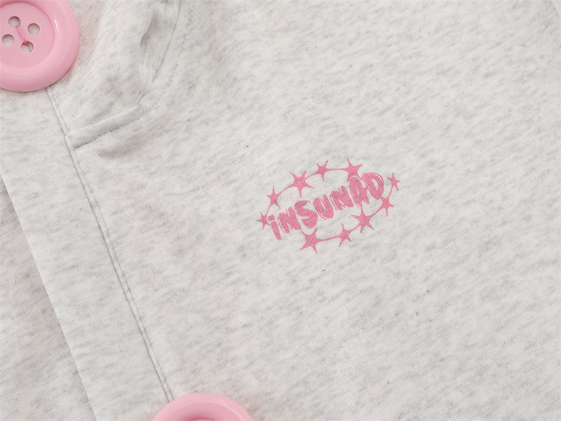 Demon Horn Hoodie – Oversized Button-Front Sweatshirt with 3-Stripe Sleeve