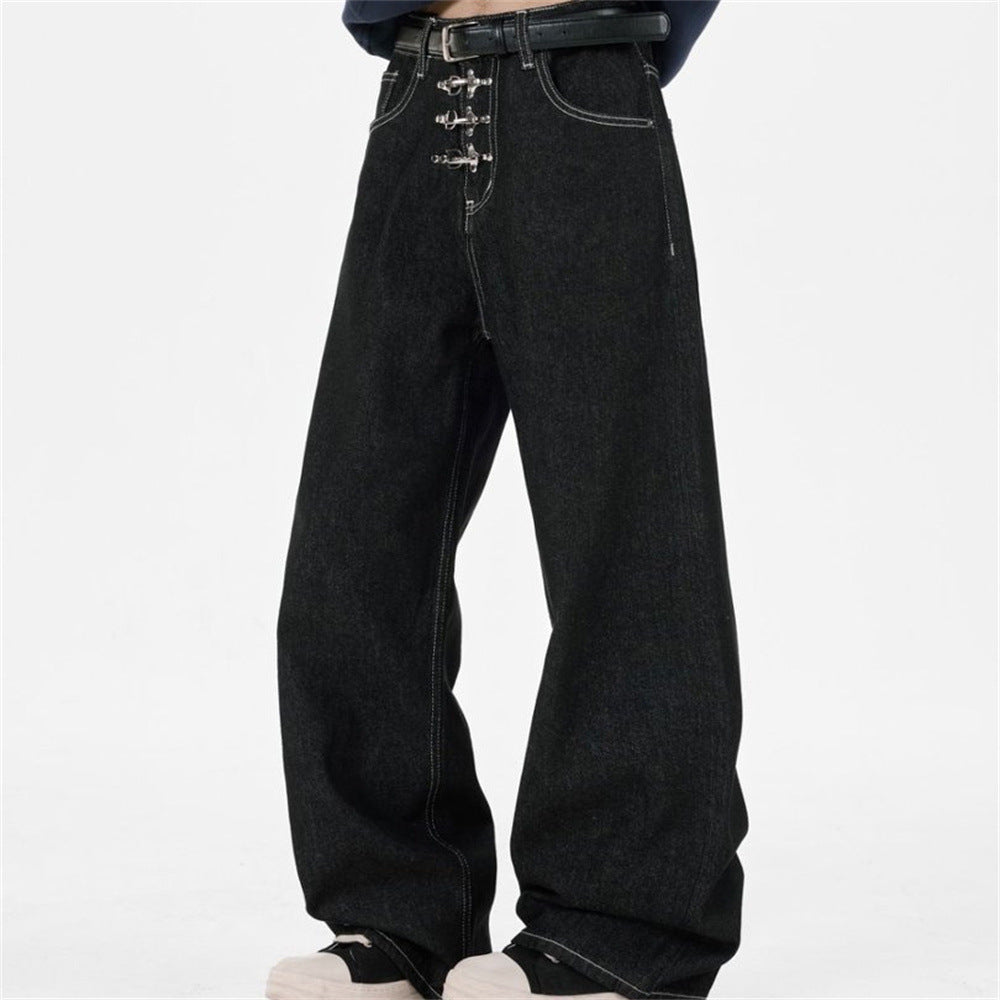 Black Wide-Leg Jeans – Metal Hook Closure & Contrast Stitching Streetwear Denim