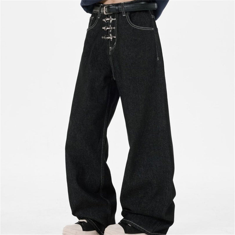 Black Wide-Leg Jeans – Metal Hook Closure & Contrast Stitching Streetwear Denim