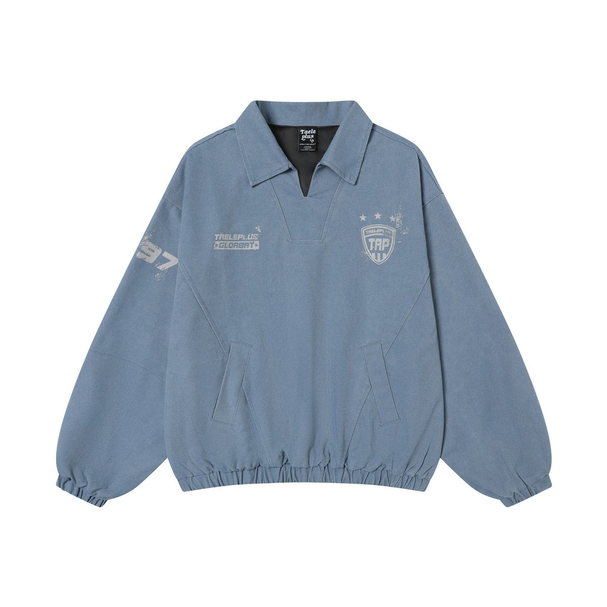 Oversized washed pullover training jacket with polo collar and varsity shield graphic in washed blue
