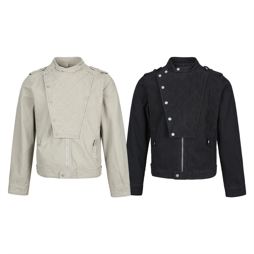 Men's Quilted Panel Moto Biker Jacket – Stand Collar, Asymmetric Snap Closure