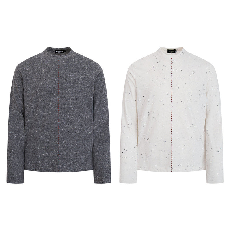 Speckled Long-Sleeve T-Shirt – Mock Neck Relaxed Fit with Center Seam Detail