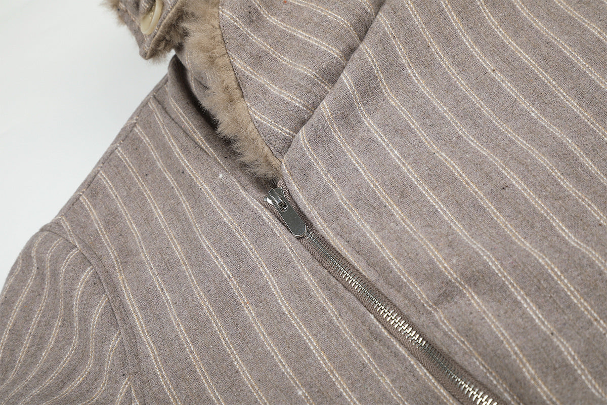 Pinstripe Zip-Up Bomber Jacket with Sherpa Collar & Pocket Trim