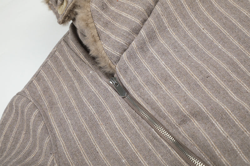 Pinstripe Zip-Up Bomber Jacket with Sherpa Collar & Pocket Trim