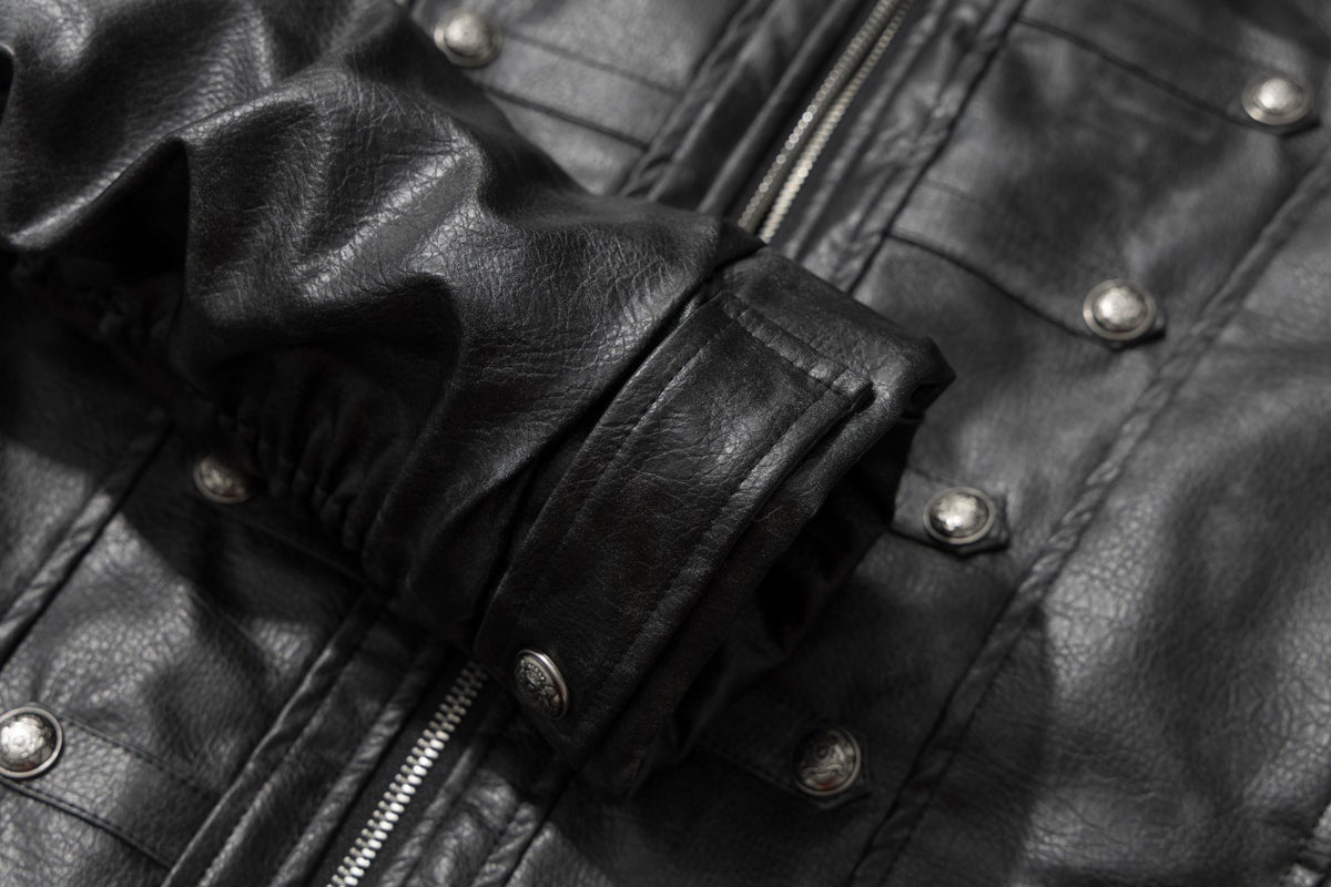 Gothic Cross Moto Jacket – Padded Faux Leather with Military Buttons & Cross