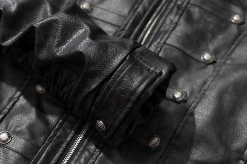 Gothic Cross Moto Jacket – Padded Faux Leather with Military Buttons & Cross