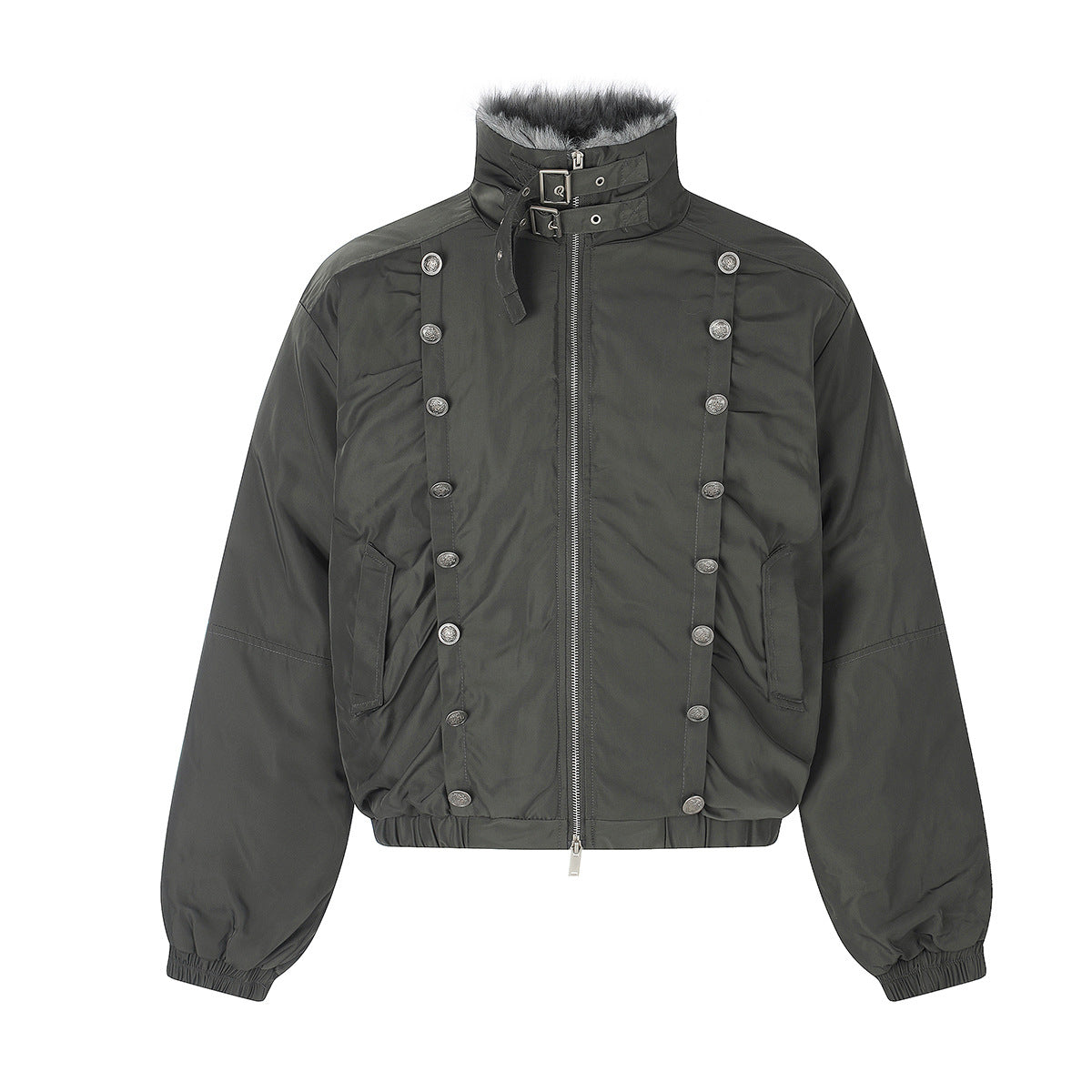 Military Napoleon double-button padded jacket with faux fur collar in olive grey, front view
