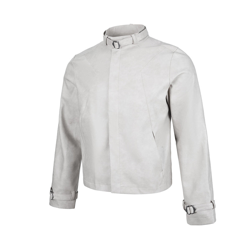 Blouson biker oversize en cuir – Style moto à col montant et poignets à boucles