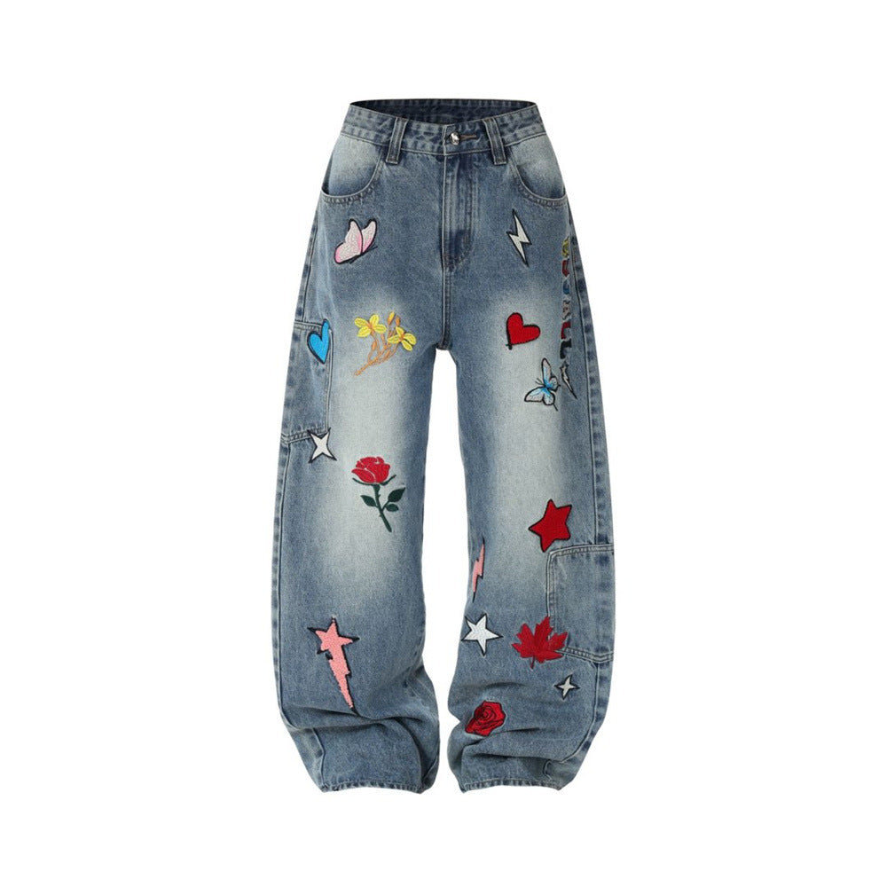 Wide-Leg Jeans with Embroidered Patches – Stars, Butterflies & Roses on Washed