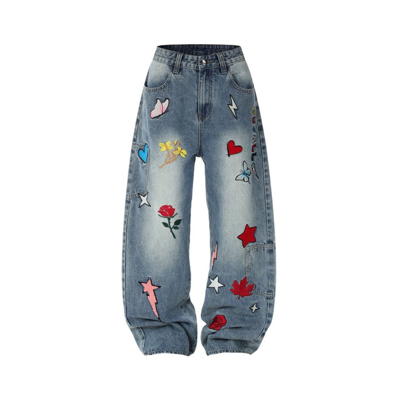 Wide-Leg Jeans with Embroidered Patches – Stars, Butterflies & Roses on Washed