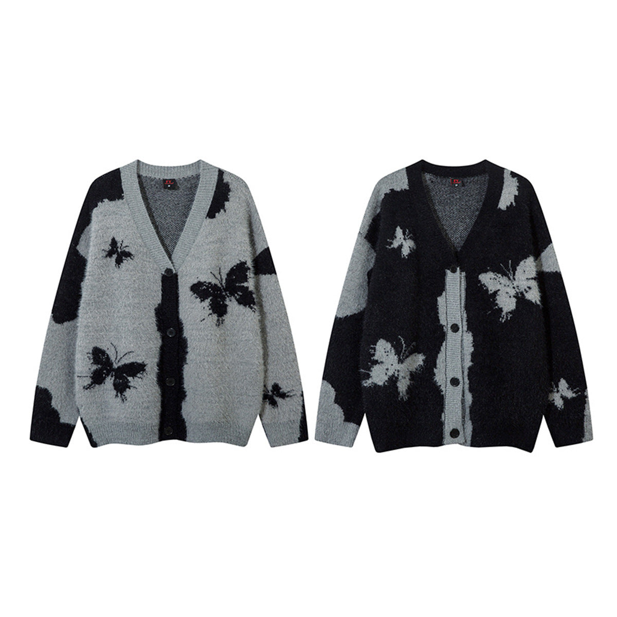 Cardigan oversize en maille jacquard papillon, gris et noir, col V boutonné sur le devant, maille unisexe pour couple