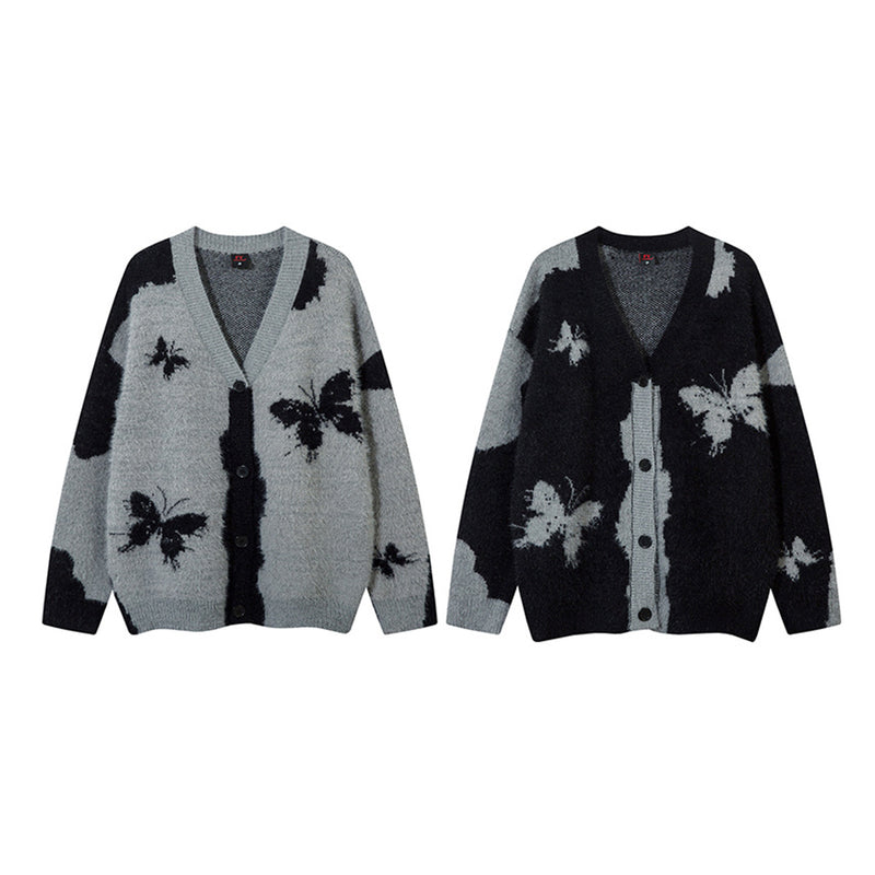 Cardigan oversize en maille jacquard papillon, gris et noir, col V boutonné sur le devant, maille unisexe pour couple