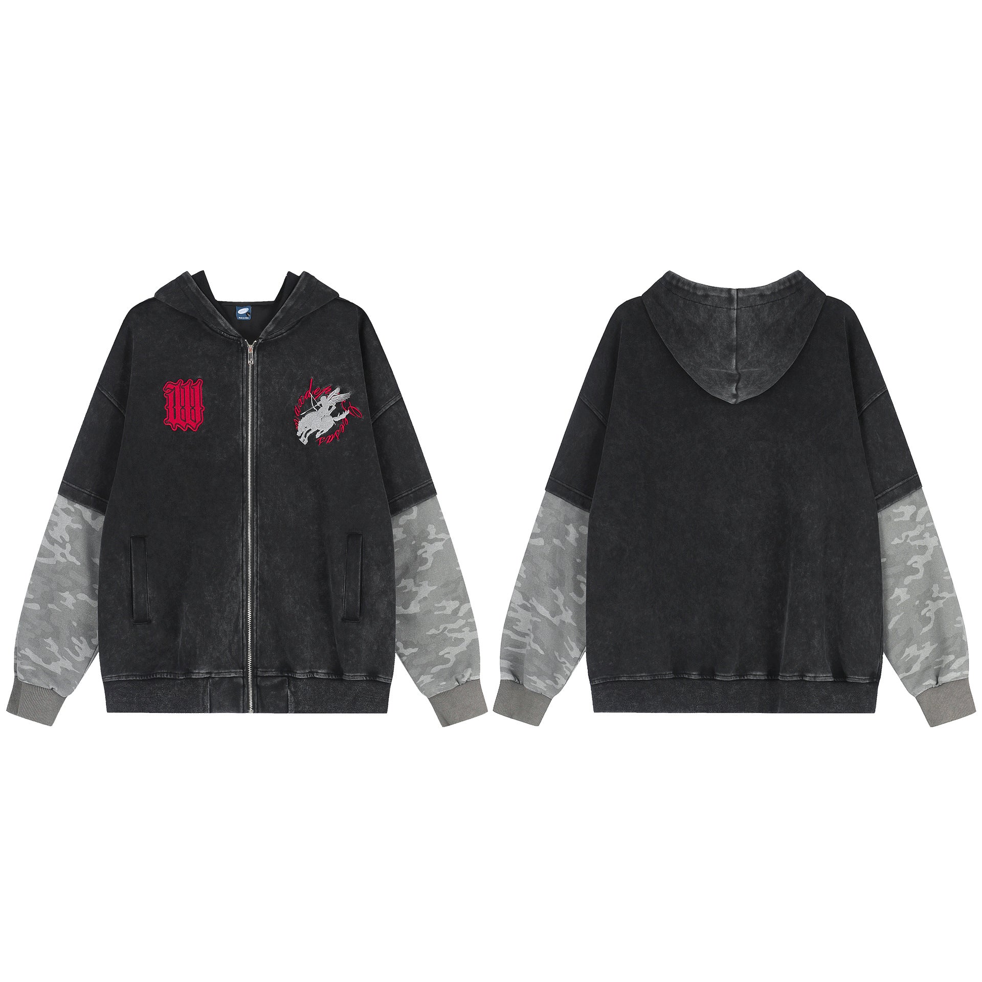Acid Wash Zip-Up Hoodie with Camo Sleeves and Embroidered Graphic